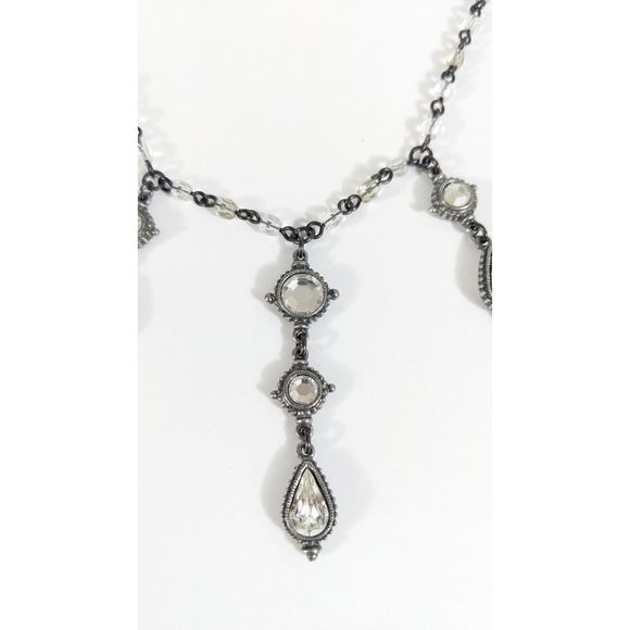 Ben Amun Crystal Dangle Necklace Silver Toned White Colorless Beads Rhinestones - Picture 3 of 12